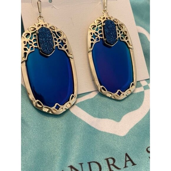 Kendra Scott Deva Statement Earrings Black Iridescent & Blue Druzy In Gold RARE - Picture 2 of 5